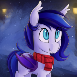 Size: 1200x1200 | Tagged: safe, artist:illusion, oc, oc only, oc:eventide mist, bat pony, pony, bat pony oc, clothes, ear fluff, eye clipping through hair, female, looking up, mare, scarf, slit pupils, snow, solo