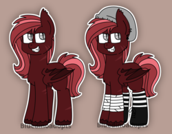 Size: 1262x986 | Tagged: safe, artist:bluedinoadopts, oc, oc only, oc:skarlet record, bat pony, pony, androgynous, bandage, beanie, boots, brown background, chest fluff, clothes, cute, ear fluff, ear piercing, earring, fangs, hat, jewelry, nonbinary, piercing, scar, shoes, simple background, socks, solo, striped socks, unshorn fetlocks