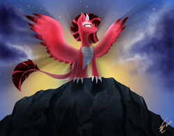 Size: 1920x1500 | Tagged: safe, artist:althyra-nex, oc, oc only, oc:doom, dracony, dragon, hybrid, pony, adopted oc, art trade, black hair, fangs, female, horns, leonine tail, mare, red fur, red hair, sky, smiling, solo, wings