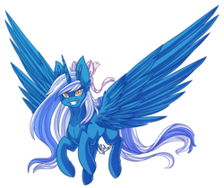 Size: 1936x1626 | Tagged: safe, artist:draawyourdreams, oc, oc:fleurbelle, alicorn, pony, alicorn oc, bow, female, flying, hair bow, happy, long hair, long mane, long tail, mare, ribbon, smiling, wings, yellow eyes
