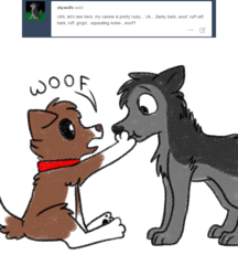Size: 800x926 | Tagged: safe, artist:askwinonadog, winona, oc, dog, wolf, ask winona, g4, ask, duo, hand over mouth, simple background, tumblr, white background, woof