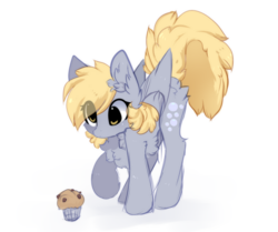 Size: 1149x960 | Tagged: dead source, safe, artist:php146, derpy hooves, pegasus, pony, g4, chest fluff, cute, derpabetes, eye clipping through hair, female, food, mare, muffin, simple background, solo, white background
