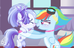 Size: 908x598 | Tagged: safe, artist:6-fingers-lover, rainbow dash, oc, oc:smooth blue, pony, g4, base used, female, goggles, magical lesbian spawn, mother and daughter, offspring, parent:rainbow dash, parent:twilight sparkle, parents:twidash