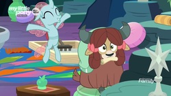 Size: 1920x1080 | Tagged: safe, screencap, ocellus, yona, changedling, changeling, yak, g4, uprooted, bow, cloven hooves, female, hair bow, monkey swings, mouth hold, scroll