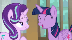 Size: 1920x1080 | Tagged: safe, screencap, starlight glimmer, twilight sparkle, alicorn, pony, g4, season 9, the beginning of the end, animated, crooning, cute, duo, duo female, eyes closed, female, gif, gifs.com, laughing, twiabetes, twilight sparkle (alicorn), twilighting