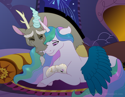 Size: 2500x1947 | Tagged: safe, artist:9centschange, discord, princess celestia, oc, oc:prince concord, hybrid, g4, baby, crying, female, fireplace, floppy ears, interspecies offspring, male, newborn, offspring, parent:discord, parent:princess celestia, parents:dislestia, ship:dislestia, shipping, story in the source, straight, watermark, wing blanket