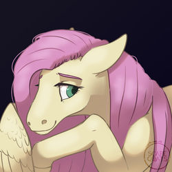 Size: 1280x1280 | Tagged: safe, artist:scape-goats, fluttershy, horse, pegasus, pony, g4, black background, bust, cute, female, floppy ears, hoers, looking away, looking sideways, mare, portrait, raised hoof, shyabetes, simple background, smiling, solo, three quarter view, wings