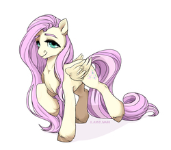 Size: 1972x1731 | Tagged: safe, artist:i-just-mari, fluttershy, pegasus, pony, g4, female, folded wings, looking at you, mare, raised hoof, raised leg, simple background, smiling, solo, standing, three quarter view, unshorn fetlocks, white background, wings