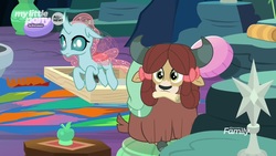 Size: 1920x1080 | Tagged: safe, screencap, ocellus, yona, changedling, changeling, yak, g4, uprooted, bow, cloven hooves, female, hair bow, monkey swings, mouth hold, scroll