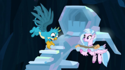 Size: 2100x1175 | Tagged: safe, screencap, gallus, silverstream, classical hippogriff, griffon, hippogriff, g4, uprooted, crystal, duo, female, flying, male, the place where we belong, treehouse of harmony