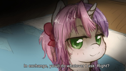 Size: 1920x1080 | Tagged: safe, artist:plotcore, sweetie belle, pony, unicorn, g4, anime, bed, bedroom eyes, bow, clothes, description is relevant, drawthread, female, filly, hair bow, noa himesaka, ponified, solo, this will end in tears, uniform, watashi ni tenshi ga maiorita!, wataten