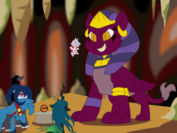 Size: 1280x960 | Tagged: safe, artist:jennithedragon, cozy glow, grogar, lord tirek, queen chrysalis, the sphinx, sphinx, daring done?, g4, the beginning of the end, crystal ball, grogar's orb