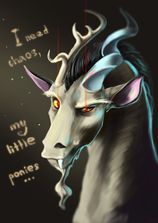 Size: 1247x1764 | Tagged: safe, artist:windadragon, discord, draconequus, g4, ..., bust, male, quote, red eyes, snaggletooth, solo, stupid sexy discord