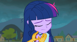 Size: 640x352 | Tagged: safe, screencap, sci-twi, sunset shimmer, twilight sparkle, equestria girls, g4, my little pony equestria girls: friendship games, animated, cute, female, gif, loose hair, missing accessory, no glasses, offscreen character, solo focus, twiabetes