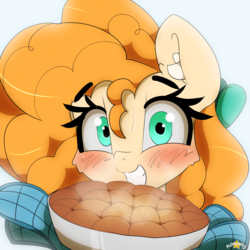 Size: 2222x2222 | Tagged: safe, artist:n0nnny, pear butter, earth pony, pony, g4, blushing, bow, cute, female, food, green eyes, high res, looking at you, mare, pearabetes, pie, simple background, smiling, solo, sweat, white background