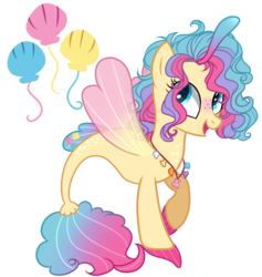 Size: 2750x2900 | Tagged: safe, artist:gihhbloonde, oc, oc only, oc:princess aqua pink, hybrid, seapony (g4), icey-verse, blushing, female, fin wings, freckles, high res, interspecies offspring, jewelry, magical lesbian spawn, mare, necklace, next generation, offspring, parent:pinkie pie, parent:princess skystar, parents:skypie, raised hoof, seashell, seashell necklace, simple background, solo, transparent background