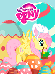 Size: 745x1000 | Tagged: safe, fluttershy, pegasus, pony, g4, basket, bunny ears, easter, easter egg, female, holiday, mouth hold, my little pony logo, solo