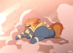 Size: 3062x2222 | Tagged: safe, artist:n0nnny, spitfire, pegasus, pony, g4, butt, clothes, cloud, cute, cutefire, dock, eyes closed, female, firebutt, goggles, high res, mare, onomatopoeia, open mouth, plot, profile, sky, sleeping, snot bubble, solo, sound effects, sunset, the ass was fat, uniform, wonderbolts uniform, zzz