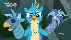 Size: 1920x1080 | Tagged: safe, screencap, gallus, tree of harmony, griffon, g4, uprooted, adorabolical, cute, discovery family, discovery family logo, evil grin, gallabetes, griffon teeth, grin, hand puppet, logo, male, smiling, sock puppet, solo
