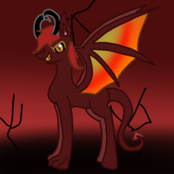 Size: 768x768 | Tagged: safe, artist:commandereclipse, oc, oc only, oc:hell blaze, demon, demon pony, original species, pony, bat wings, black sclera, colored pupils, colored sclera, hell, horns, male, paws, solo, wings