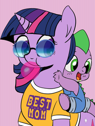Size: 852x1136 | Tagged: safe, artist:mamatwilightsparkle, spike, twilight sparkle, dragon, pony, unicorn, g4, baby, baby dragon, baby spike, bubblegum, clothes, cute, dragons riding ponies, duo, food, gum, mama twilight, open mouth, riding, shirt, spikabetes, spike riding twilight, sunglasses, twiabetes, unicorn twilight