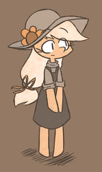 Size: 1119x1875 | Tagged: safe, artist:typhwosion, applejack, semi-anthro, g4, arm hooves, bipedal, brown background, clothes, cute, dress, female, flower, hat, jackabetes, simple background, solo