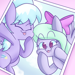 Size: 1280x1280 | Tagged: safe, artist:typhwosion, cloudchaser, flitter, pegasus, pony, g4, :3, :p, cheek squish, cute, cutechaser, duo, eyes closed, female, flitterbetes, no pupils, photo, silly, sisters, squishy cheeks, tongue out
