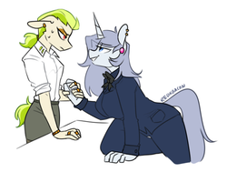 Size: 589x446 | Tagged: safe, artist:redxbacon, oc, oc only, oc:golden keylime, oc:platinum decree, earth pony, unicorn, anthro, business suit, businessmare, clothes, ear piercing, earring, female, handshake, jewelry, looking at each other, mare, piercing, suit
