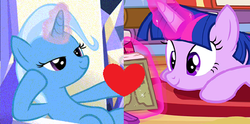 Size: 505x250 | Tagged: safe, edit, edited screencap, screencap, trixie, twilight sparkle, alicorn, pony, all bottled up, g4, pinkie apple pie, book, cropped, female, heart, lesbian, ship:twixie, shipping, shipping domino, twilight sparkle (alicorn)