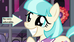 Size: 1280x720 | Tagged: safe, edit, edited screencap, editor:korora, screencap, coco pommel, g4, made in manehattan, arrow, bow, captain obvious, cocobetes, cute, hair bow, manehattan, op is right, smiling, text