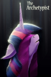 Size: 684x1024 | Tagged: safe, artist:akurion, twilight sparkle, alicorn, pony, fanfic:the archetypist, g4, black background, blindfold, bust, ear fluff, fanfic, fanfic art, fanfic cover, female, floppy ears, horn, mare, portrait, simple background, solo, text