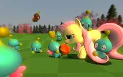 Size: 1440x900 | Tagged: safe, artist:frankrt, fluttershy, chao, pony, g4, 3d, crossover, gmod, sonic the hedgehog, sonic the hedgehog (series)