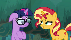 Size: 1920x1080 | Tagged: safe, screencap, sci-twi, sunset shimmer, twilight sparkle, pony, unicorn, equestria girls, equestria girls series, g4, spring breakdown, spoiler:eqg series (season 2), equestria girls ponified, floppy ears, glasses, looking at each other, ponified, unicorn sci-twi