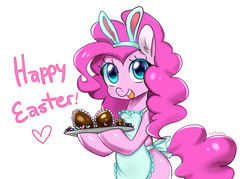 Size: 2788x2000 | Tagged: safe, artist:kaikururu, pinkie pie, pony, g4, apron, bipedal, chocolate, clothes, cute, diapinkes, easter, female, food, heart, high res, holiday, open mouth, simple background, smiling, solo, white background
