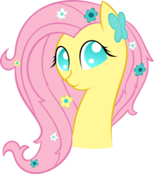 Size: 3550x4000 | Tagged: safe, artist:kalleflaxx, fluttershy, butterfly, pegasus, pony, g4, bust, cute, female, flower, flower in hair, looking at you, mare, shyabetes, simple background, smiling, solo, transparent background, vector