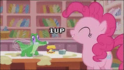 Size: 500x282 | Tagged: safe, edit, edited screencap, screencap, gummy, pinkie pie, alligator, earth pony, pony, g4, the lost treasure of griffonstone, 1up, animated, cute, diapinkes, eyes closed, female, kissing, mare, mouth hold, nose kiss, profile, sound, super mario bros., webm, whisk