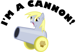 Size: 4000x2738 | Tagged: safe, artist:kalleflaxx, derpy hooves, pegasus, pony, g4, cannon, cute, derp, derpabetes, female, food, inanimate tf, mare, muffin, objectification, open mouth, party cannon, silly, silly pony, simple background, smiling, solo, transformation, transparent background, wat
