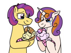 Size: 2048x1536 | Tagged: safe, artist:kindheart525, oc, oc only, oc:chalcedony carnation, oc:diamond mine, oc:golden sword, oc:pippin rose, earth pony, pony, unicorn, kindverse, baby, baby pony, crying, female, lesbian, magical lesbian spawn, mother and daughter, oc x oc, offspring, offspring shipping, offspring's offspring, parent:apple bloom, parent:button mash, parent:oc:diamond mine, parent:oc:pippin rose, parent:sweetie belle, parent:tender taps, parents:oc x oc, parents:sweetiemash, parents:tenderbloom, shipping