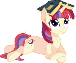Size: 7195x5918 | Tagged: safe, artist:cyanlightning, moondancer, pony, unicorn, g4, .svg available, absurd resolution, book, book hat, chest fluff, confused, cute, dancerbetes, ear fluff, ear tufts, female, frown, looking up, mare, messy mane, prone, raised eyebrow, simple background, sitting, solo, transparent background, vector, wings, worried