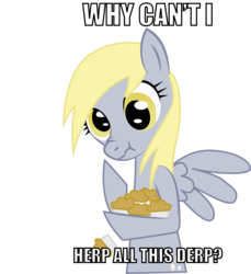 Size: 2578x2811 | Tagged: safe, artist:unclesnail, derpy hooves, pegasus, pony, g4, artifact, bipedal, caption, female, food, high res, image macro, mare, muffin, scrunchy face, simple background, solo, text, transparent background, wings