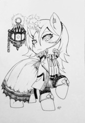 Size: 1280x1852 | Tagged: safe, artist:alts-art, oc, oc only, oc:chamber wisp, pony, unicorn, clothes, coat, crystal, dress, ear piercing, female, frilly dress, horn, inktober, inktober 2018, lantern, light, lineart, magic, mare, monochrome, oc-tober, piercing, simple background, sketch, solo, traditional art, white background