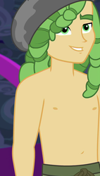 Size: 614x1080 | Tagged: safe, screencap, sandalwood, equestria girls, equestria girls series, g4, spring breakdown, spoiler:eqg series (season 2), all good (song), clothes, cropped, male, male nipples, nipples, partial nudity, smiling, topless