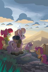 Size: 755x1147 | Tagged: safe, artist:tonyfleecs, apple bloom, diamond tiara, scootaloo, sweetie belle, earth pony, pegasus, pony, unicorn, g4, backpack, boots, bow, cutie mark crusaders, female, filly, hair bow, mountain, scenery, shoes