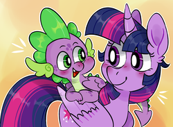 Size: 1280x935 | Tagged: safe, artist:incubugs, artist:mega-bugsly, spike, twilight sparkle, alicorn, dragon, pony, g4, blushing, cute, fangs, female, happy, looking at each other, male, mare, simple background, smiling, twilight sparkle (alicorn), winged spike, wings, yellow background