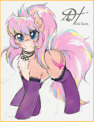 Size: 1280x1656 | Tagged: safe, artist:alts-art, oc, oc only, oc:bijou butterfly, earth pony, pony, chest fluff, clothes, colored sketch, ear fluff, ear piercing, earring, female, flat colors, gray background, jewelry, looking at you, mare, multicolored hair, pale belly, piercing, retro, signature, simple background, sketch, socks, solo, string