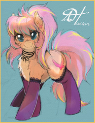 Size: 1280x1656 | Tagged: safe, artist:alts-art, oc, oc only, oc:bijou butterfly, earth pony, pony, blue background, chest fluff, clothes, colored sketch, ear fluff, ear piercing, earring, female, fluffy, jewelry, looking at you, mare, multicolored hair, pale belly, piercing, retro, shading, signature, simple background, sketch, socks, solo, string