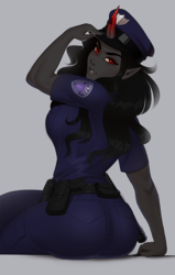 Size: 1998x3148 | Tagged: safe, artist:evehly, king sombra, human, g4, ass, black hair, breasts, butt, cap, clothes, female, gray background, hat, horn, horned humanization, humanized, looking at you, pants, police officer, pony coloring, queen umbra, red eyes, rule 63, simple background, sitting, solo