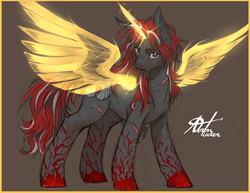 Size: 1280x989 | Tagged: safe, artist:alts-art, oc, oc only, oc:crimson fist, pony, unicorn, artificial wings, augmented, colored sketch, gray background, horn, looking at you, magic, magic wings, male, messy mane, messy tail, multicolored hair, scar, signature, simple background, sketch, smiling, smirk, solo, stallion, wings