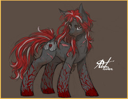 Size: 1280x989 | Tagged: safe, artist:alts-art, oc, oc only, oc:crimson fist, pony, unicorn, colored sketch, gray background, horn, looking at you, male, messy mane, messy tail, multicolored hair, scar, signature, simple background, sketch, smiling, smirk, solo, stallion