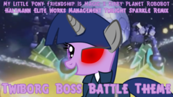 Size: 1024x576 | Tagged: safe, edit, editor:mega-poneo, twilight sparkle, cyborg, pony, g4, access ark, boss battle, female, glowing eyes, grin, kirby (series), kirby: planet robobot, remix, smiling, solo